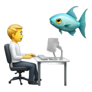 Fish with human body watching a man with computer head sticker