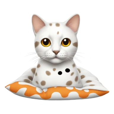 Cat on pillow with a white coat and gray and orange and black spots sticker