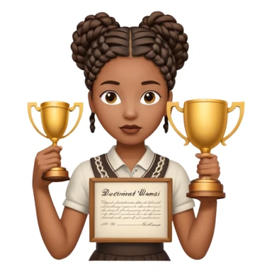 generate an emoji for this phrase, Start strong to earn trust and be noticed. End strong to be remembered. make it a black woman in braids updo looking determined with a white script in hand and a trophy sticker