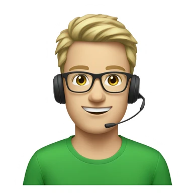 white young man with square glasses and blue eyes wearing green t-shirt with laptop and headset sticker