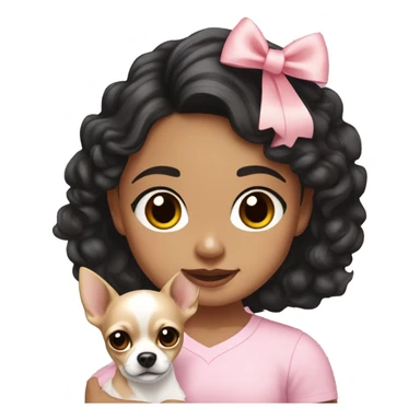 Hispanic girl medium black wavy hair wearing a light pink shirt holding a white and tan chihuahua with a pink bow  sticker
