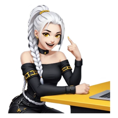 ghibli style, she is laughing outrageously and pounding her fist on the table, a closeup portrait of young woman with gold yellow eyes, white hair, long braid, black off-shoulder top, punk gothic style, futuristic cyberwave cyberpunk, sitting position
 sticker