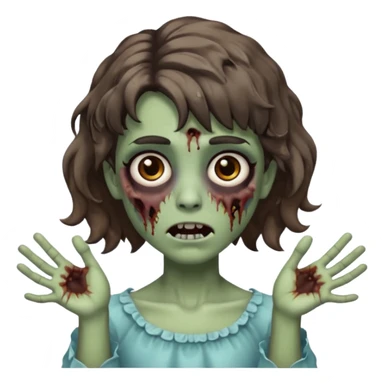 Cabelo ondulado  um pouco cheio e franja curta  Olhos marrons e pequenos e feita d ezumbi mais bonita com cabelo amarro na e com as mãos assim tipo assim🧟‍♀️ sticker
