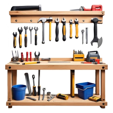 a collection of building supplies, including wooden planks, bricks, metal pipes, nails, screws, a hammer, a saw, and a measuring tape. neatly arranged on a sturdy workbench with a rugged, industrial vibe. sticker