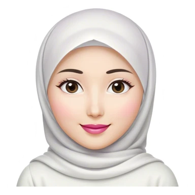 Asian white woman hijab, her hijab color are white, her face is small oval, her lips are pink, her eyes are shining, her face looks happy showing her teeth, her eyes are also smiling, her outfit color are white sticker