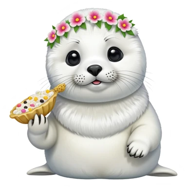 Training a harp seal wearing flower hair pin with food at beach with  sticker