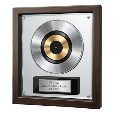 A platinum music award plaque: a square, polished platinum plate with a subtly textured, mirror-like finish, mounted on a simple dark wood base. The center features a relief of a or stylized vinyl record in a slightly darker metallic tone.  sticker