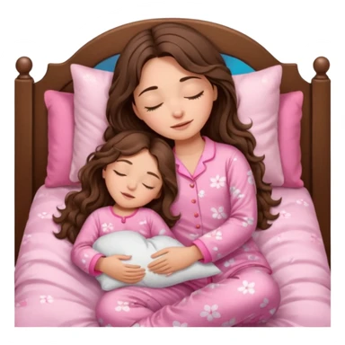 Brunette girl with long wavy brown hair with brown eyes and sleeping on a withe bed with cute pink pjs (just one whirl) and with closed eyes sticker