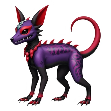 Gothic Black red purple Scaley Exotic Salandit-Umbreon-Noibat-Houndoom-Fakémon-hybrid-creature (full body), 4 legs, skull face mask sticker