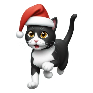 Running black and white cat wearing a Santa hat  sticker