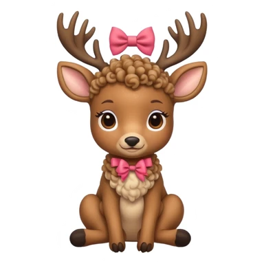 cute deer with curly fur, sitting down, wearing a bow on its head. sticker