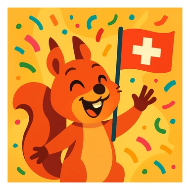cheerful squirrel celebrating with confetti and holding a Swiss flag, vibrant and festive style sticker