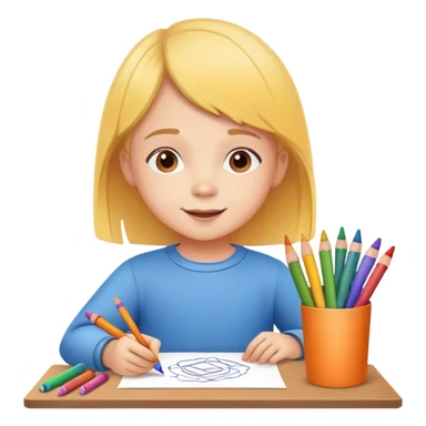 child drawing with crayons on paper, cheerful and creative sticker