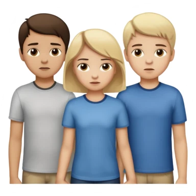  iOS emoji style.
A girl holding hands with two boys at the same time,one boy si brunette the other blonde, one on each side.
The girl has a suspicious, guilty expression, slightly turned eyes.
The boys look neutral and unaware.
 smooth gradients, rounded shape sticker