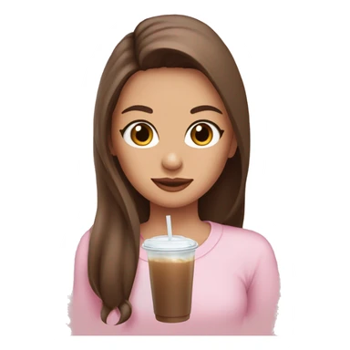 girl drinking an iced coffee with long brown hair half up half down and baby pink long sleeved top  sticker