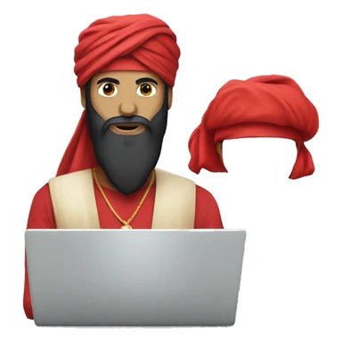 A caliph with turban and red clothes writing in a laptop sticker