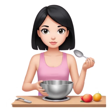 girl with black hair and black eyes white tone skin wearing pink pastel tanktop, and holding a silver bowl cooking or mixing something sticker