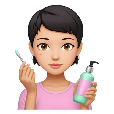 tan girl pink shirt with black hair & a pixie cut no earrings doing cute pastel colors skin care sticker