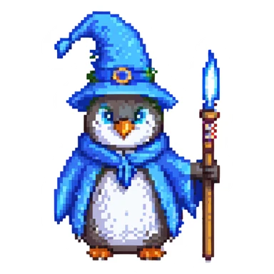 pixel art penguin wizard holding a wand, wearing blue robe and hat sticker