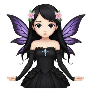 Gothic anime fairy with long beautiful black hair and black dress, pastelcore, sticker