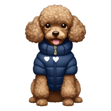 Brown toy poodle wearing a navy blue puffer jacket with white hearts on it  sticker