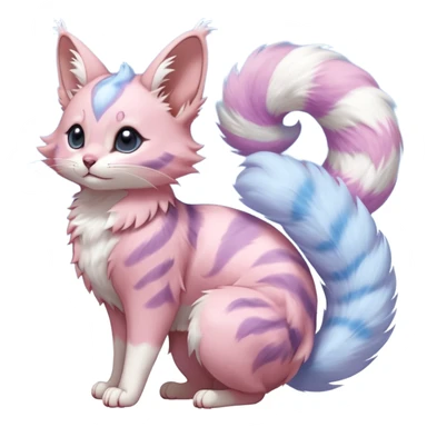 cotton-candy mist pink-blue-lilac fur whipped into cloud-soft spirals beautiful elegant pretty precious cute  Fakémon-Pokémon-opossum-feline-serval-caracal-chinchilla-Furret-Minccino-hybrid-creature with a big fluffy bushy tail (full body) sticker
