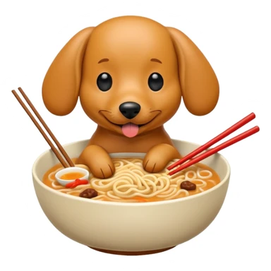 retro arcade style weenie dog eating ramen noodles out of bowl with chopsticks sticker
