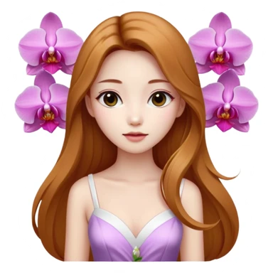 Asian girl with long golden brown hair white skin makeup natural with orchid white/pink only on her left ear, her dress is white  coquette  sticker