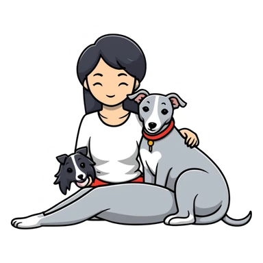 Very thin Chinese woman with long black hair relaxing in a luxurious hotel suite with exactly ONE whippet dog. EXTREME IMPORTANCE: the whippet must be ONE SOLID MEDIUM GREY COLOR (not too dark, not too light) from nose to tail with ABSOLUTELY NO WHITE MARKINGS anywhere - NO white on face, NO white on muzzle, NO white on chest, NO white on paws, NO white on tail - NOTHING BUT A SINGLE SHADE OF MEDIUM GREY throughout the entire animal sticker