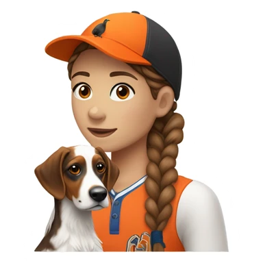 Brunette white human girl with braided pigtails in a bright orange baseball hat with a phesant on it with a tricolor English setter with a half black face sticker