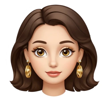 Luxury Milan girl Greta emoji: oval face, flawless skin, big light almond eyes with lashes/eyeliner, arched brows, flirty half-smile glossy lips, beauty mark, wavy warm brunette hair, gold hoop earrings, soft glow, champagne bg with sparkles, 3D sticker style, centered. sticker