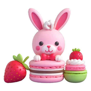 A 3D macaron with a strawberry on top and a bunny peeking out sticker