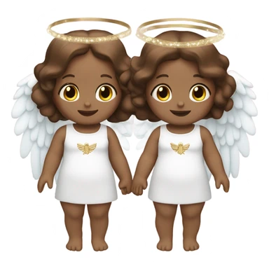 2 twin baby girls that are peach with brown hair with a halo and angel wings sticker