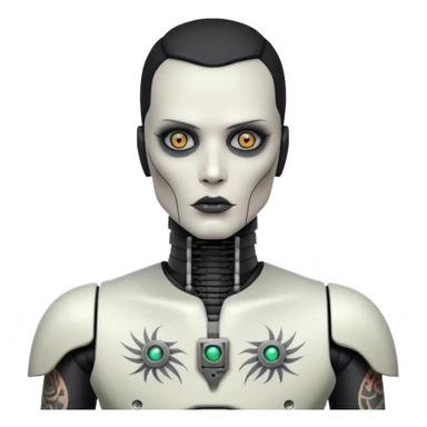 black metal Tatooed robot with rada, big many tatooes on chest, neck and face, white tatoo on face sticker