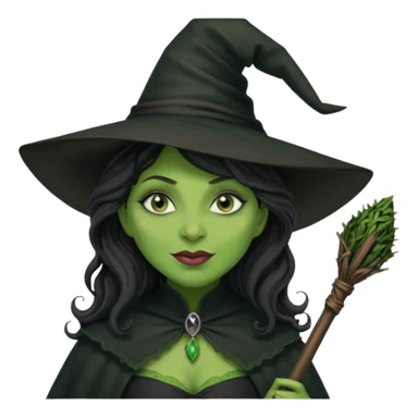elphaba the wicked witch from wicked movie (cynthia erivo) dark long curly hair, thick lips, green skins, witch hat, witch broom, evil, wicked musical film, smirk sticker