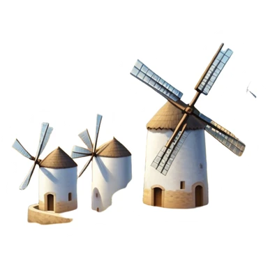 ​Cinematic Realistic Spanish Windmills (Mota del Cuervo), depicted as a cluster of gracefully aged windmills with weathered whitewashed facades and rustic wooden sails, standing proudly on a sunlit, rolling hillside of golden fields and olive groves, rendered with intricate textures and soft natural lighting that captures the timeless rural charm and historical significance of the Spanish landscape, sticker