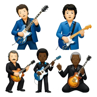 Icon for Blues Music: close-up collage of legendary blues artists. Gary Moore, Eric Clapton, B.B. King and Joe Cocker. Represented by silhouettes or symbolic items like guitars, microphones, or music notes, reflecting the soulful energy of blues music. Transparent background. sticker