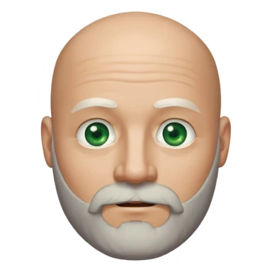 a man with light skin, a bald head, and a well-maintained beard that is darker at the top and greying towards the chin. He has striking light green eyes and a subtle, closed-mouth smile. The lighting highlights his face, and the background is softly blurred, suggesting an indoor setting. sticker