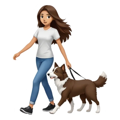 A beautiful girl with long brown hair and wearing a tight short-sleeved shirt is walking a black and white Border Collie sticker
