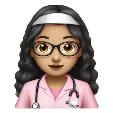 Pretty Aian girl (beige white skin tone and big eyes) with circle silver glasses, long black hair , wearing a pink nurse uniform (scrub) with a stethoscope sticker