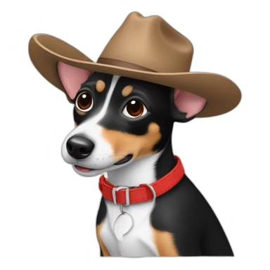 rat terrier wearing a cowboy hat and red collar smiling no brown (black and white) sticker
