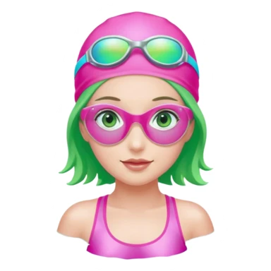 pretty girl with green eyes pink swim cap holographic swimming glasses and cute profesional swimmer pink swimsuit swimming sticker