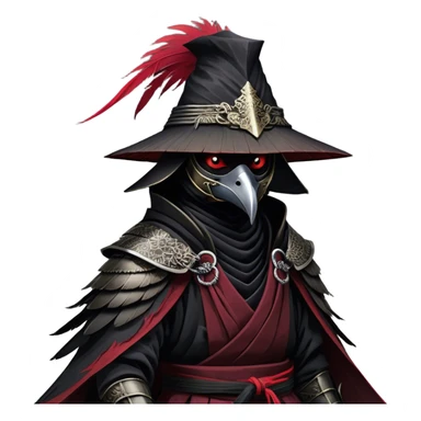 A fierce Kenku samurai with sleek black feathers, piercing crimson eyes glowing under the shadow of his straw hat. His sharp beak is partially covered by a black cloth mask, adding to his air of mystery. He wears layered black and crimson armor, intricate silver engravings etched into the metal plates. A long, tattered cloak billows behind him, worn from countless battles. His clawed hands grip the hilt of a curved katana, its polished blade reflecting the moonlight. Wisps of mist swirl around his taloned feet as he stands motionless sticker