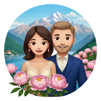 Couple traveling in Montenegro russian man and elegant  Latina girl delicate peonies and mountains in the background  sticker