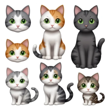 6 different coloured small cats including a dark grey and white, and a patchy calico, and a brown tabby and white,  and a completely solid dark grey with green eyes and only white paws sticker