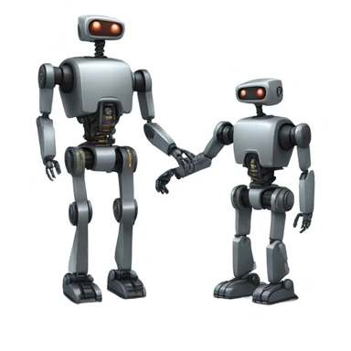 A pair of robots looming over a human figure, conveying a sense of technological dominance. sticker