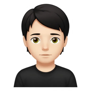 A boy with dark black hair and hazel green and brown eyes and white skin , with freckles and black t shirt with middle part hair hair with a center part haircut  sticker