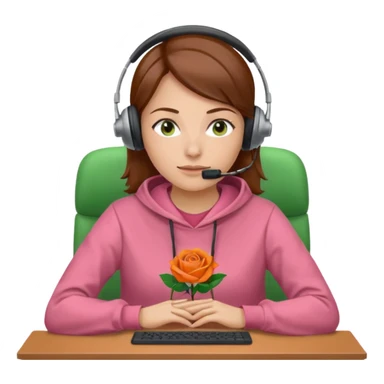 woman, brown hair, middle european, wearing a headset and rose sweatshirt. sitting in the office. she is controling limits on screen: green = ok, orange = bald überschritten, re = limite überschritten sticker