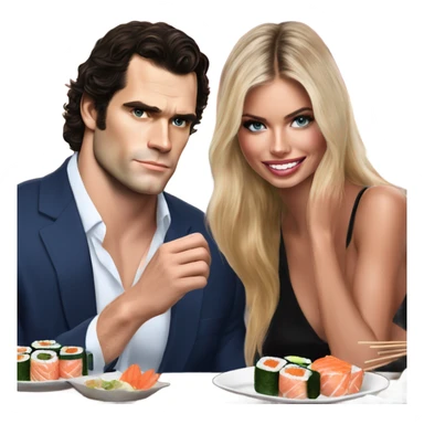realistic photo of Henry Cavill with a beautiful  victoria secret model on a sushi date sticker
