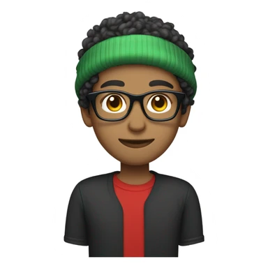 Unisex person ’light skin’ ’short curly dark green hair’ in a ’red Santa hat’ and black tshirt and round glasses  sticker